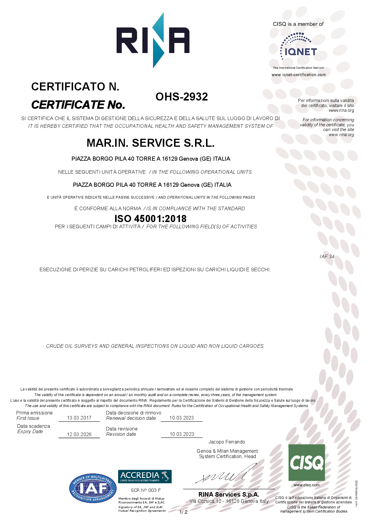 ISO 45001-2018 certificate