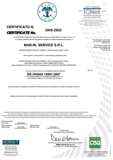BS OHSAS 18001:2007 certificate